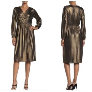 New Free Press Metallic Long Sleeve Black Gold Midi Dress XS NWT